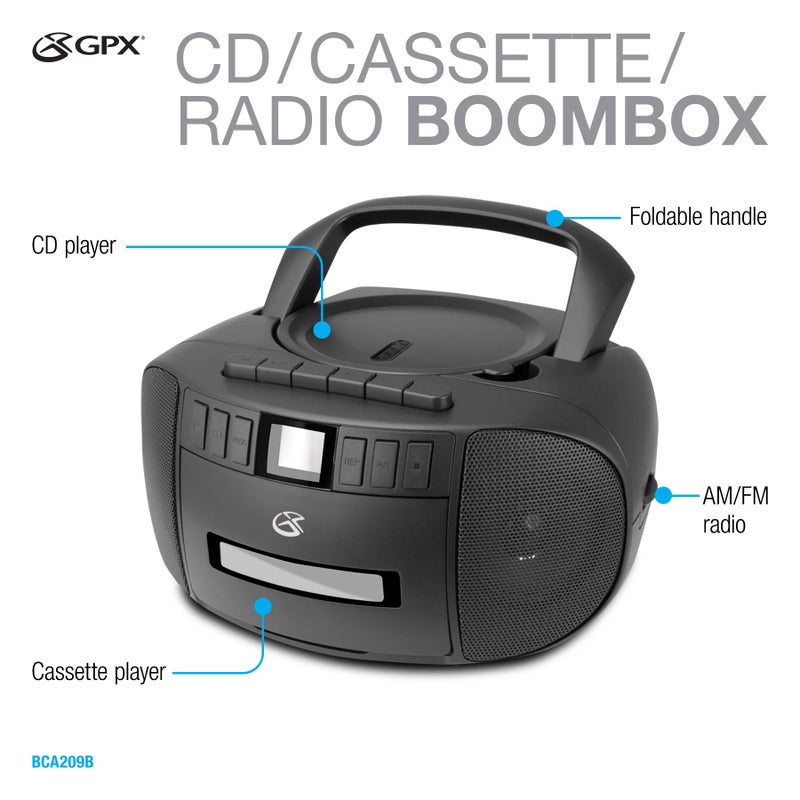 GPX BCA209B Portable Am/FM Boombox with CD and Cassette Player, Black - Image 4